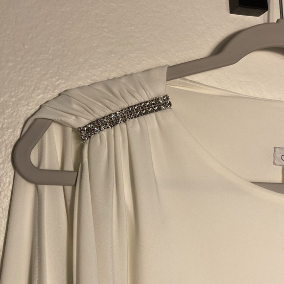 Cach'e White Rhinestone Dress Peek-A-Boo Shoulder Size Medium - Picture 2 of 5